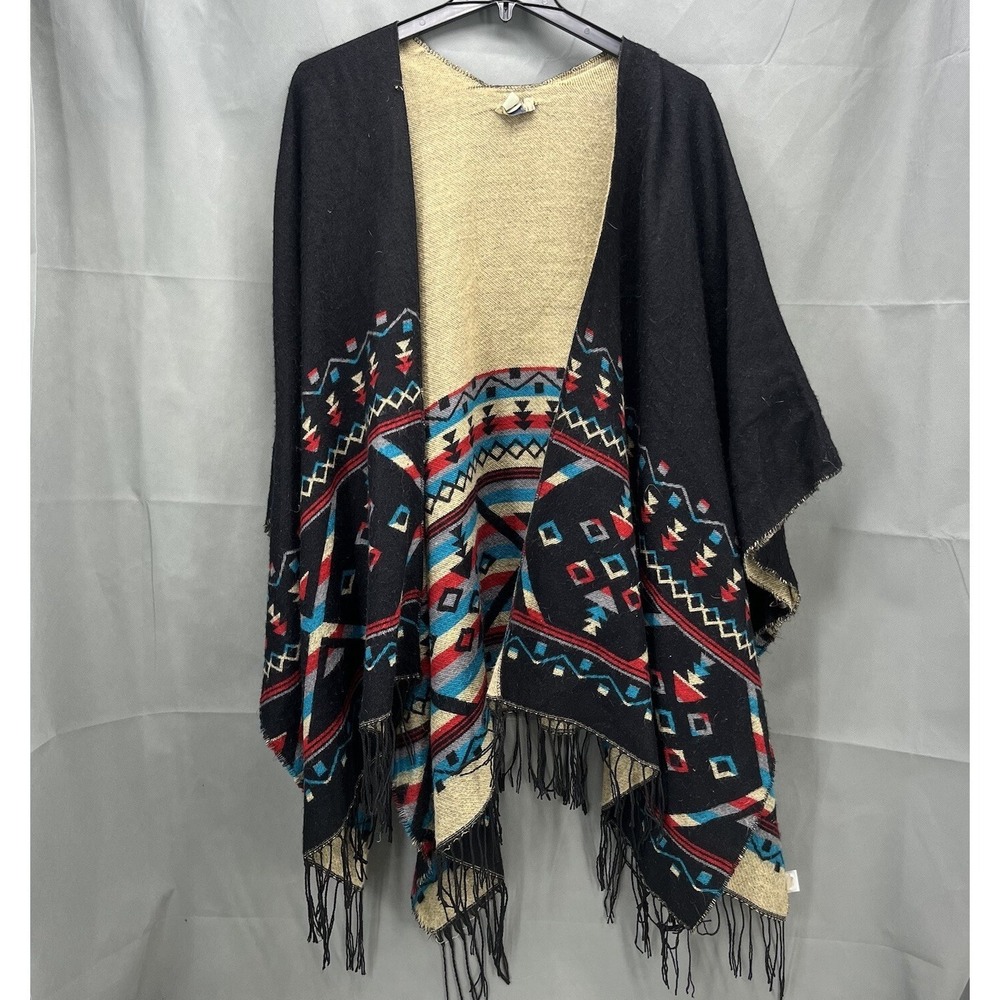One World Cape One Size Fits Most Aztec Open Front Sweater Fringe Kaftan Poncho